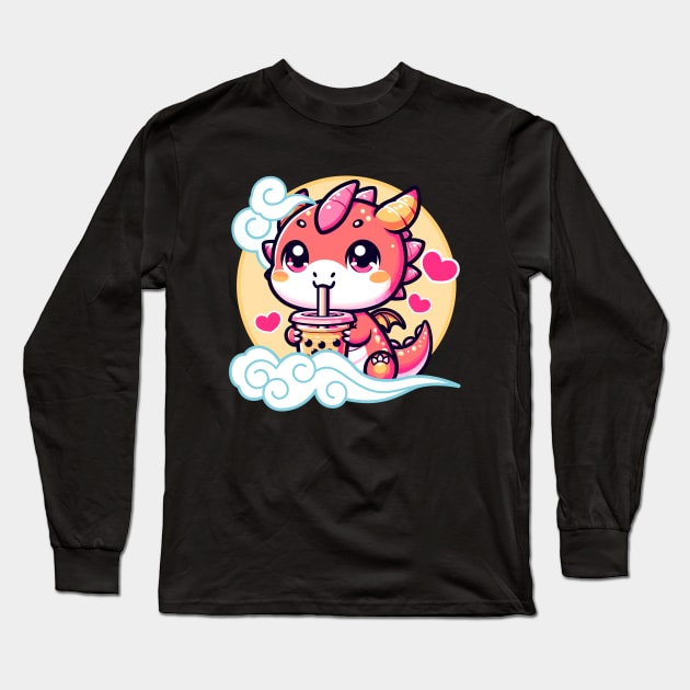 Kawaii Baby Dragon Drinking Boba in the Sky Long Sleeve T-Shirt by Half Sugar Boba